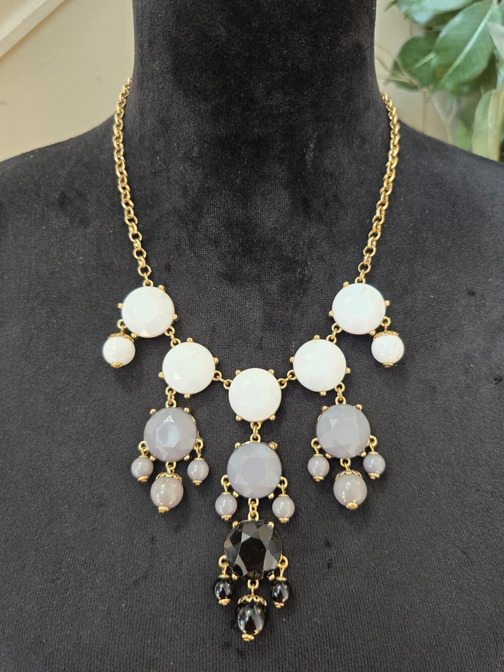 White Gray & Black Beaded Drop Statement Necklace Gold Tone Chain